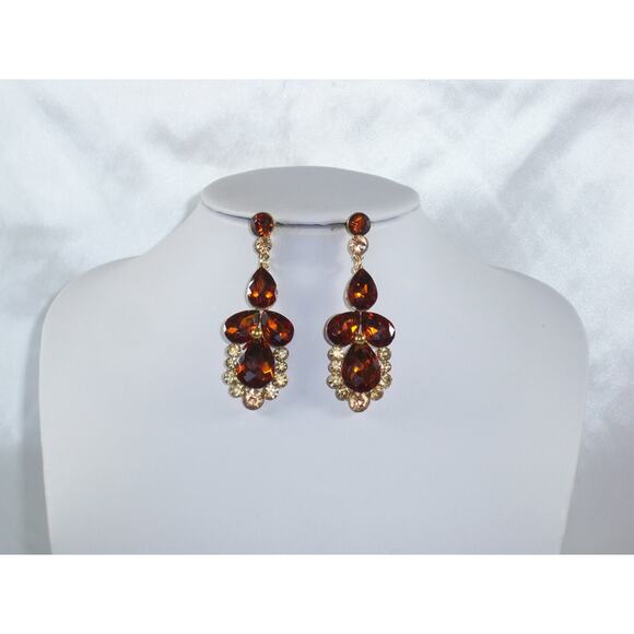 Rhinestone topaz gold long dangle drop MOB wedding prom gold topaz earrings - Picture 3 of 5